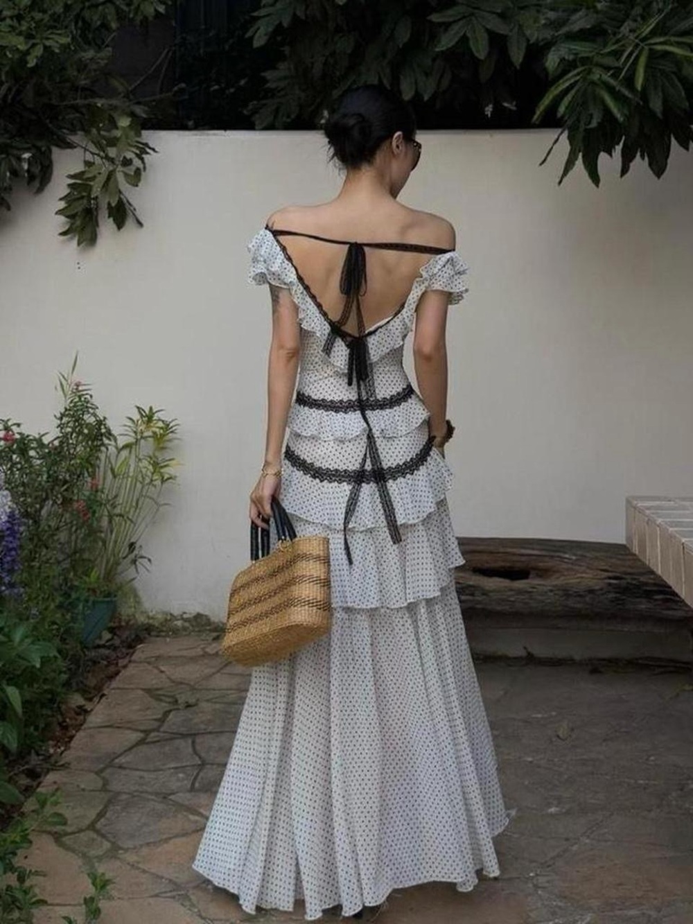 NWT YanaRita Elegant White Polka Dot Off-Shoulder Maxi Dress with Black Trim